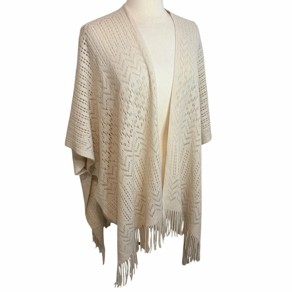 LOFT Beige Knit Boho Kimono Fringe Hem, O/S